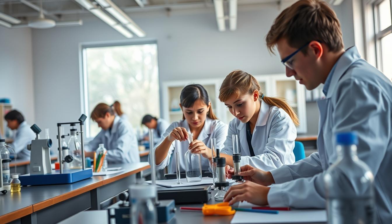 Students studying together in modern classroom